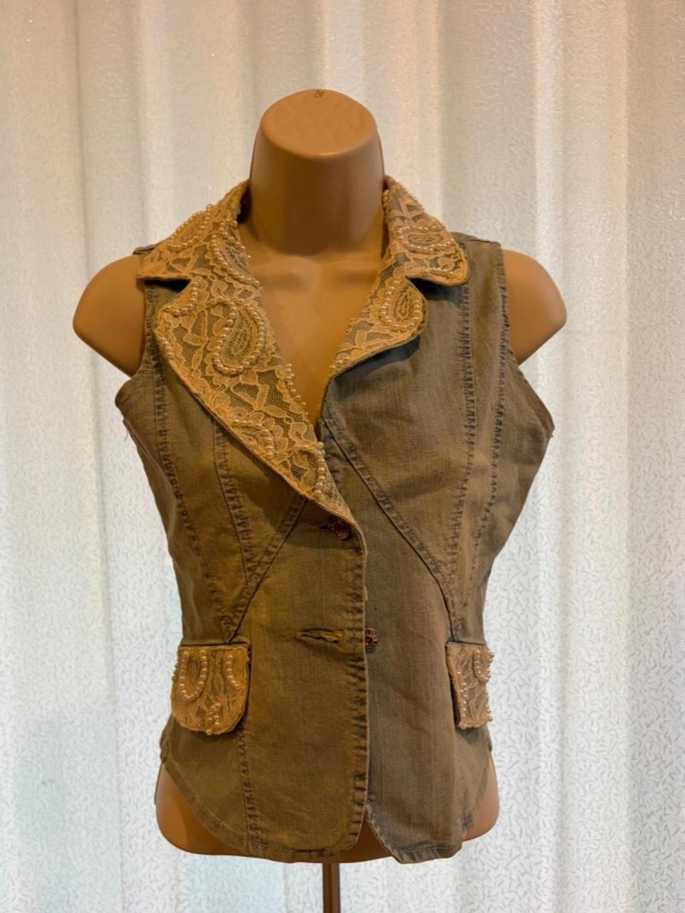 Sleeveless Lace-Trim Olive Denim Vest